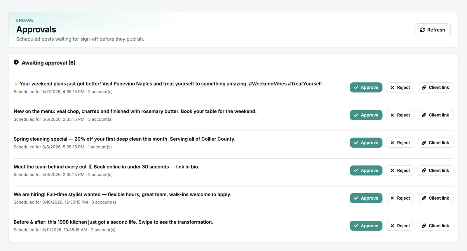 Approvals queue — scheduled posts with approve, reject and client-link actions
