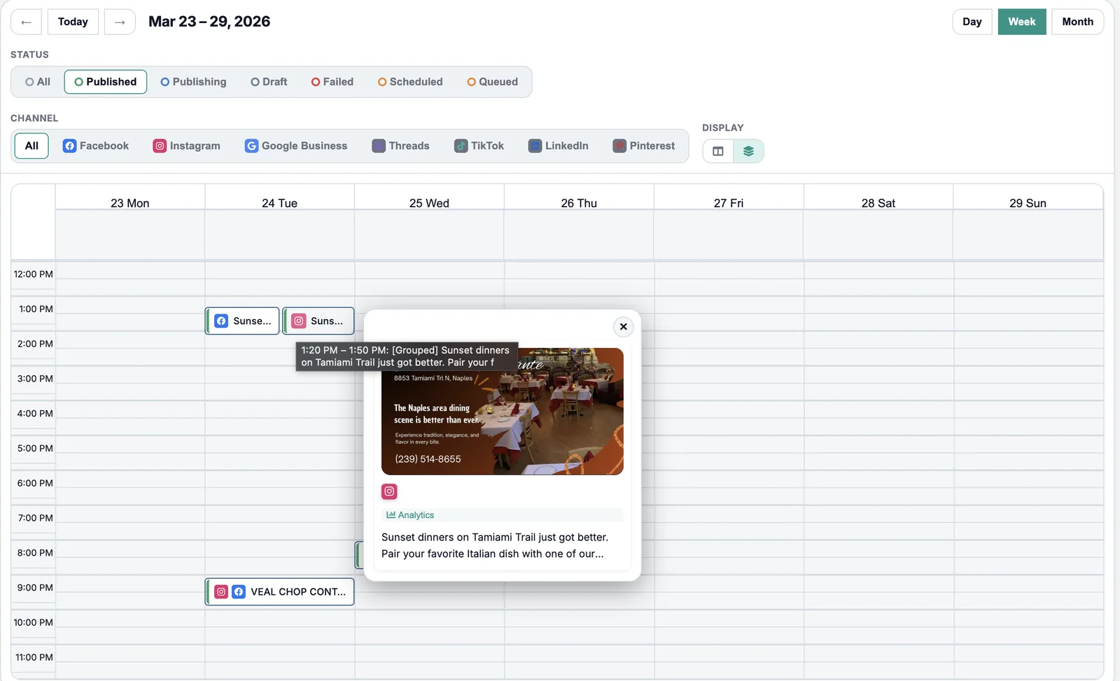 Content calendar — a week of scheduled posts across channels