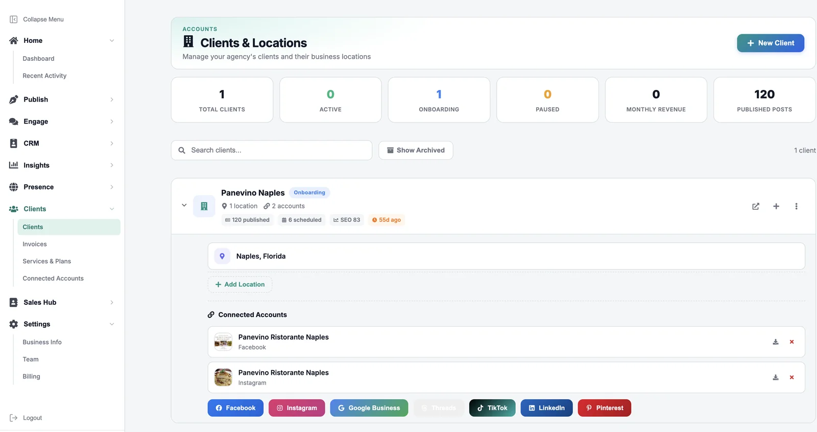 Clients & locations — a client expanded to show its location and connected accounts