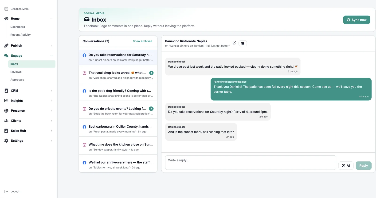 Unified inbox — every conversation in one list, with an open thread and reply box