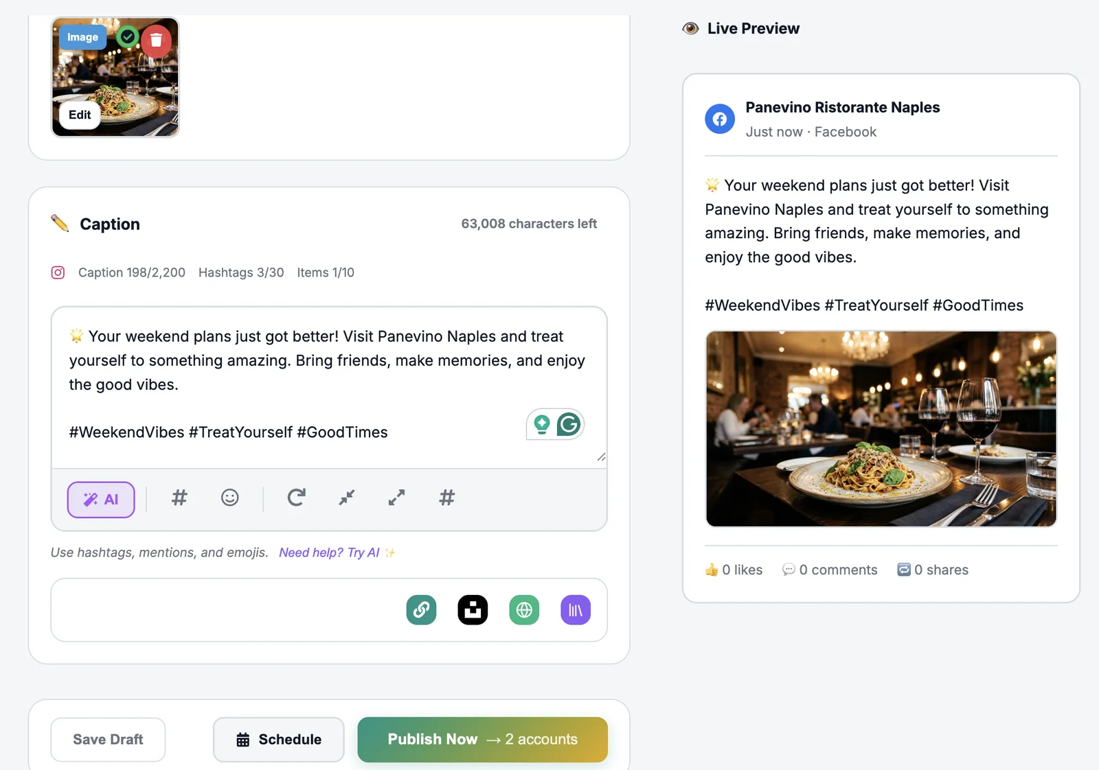 The composer — caption, AI assist and a live per-channel preview